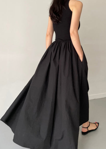 Patchwork Cotton Large Exra Party Hem Dress Sleeveless Black