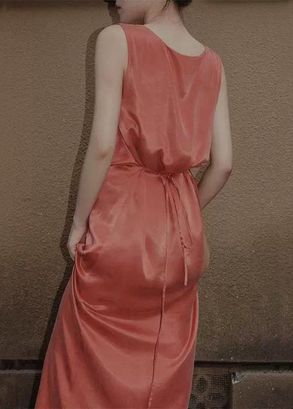 Silk Orange Sleeveless Up Solid Long Lace Women Dresses