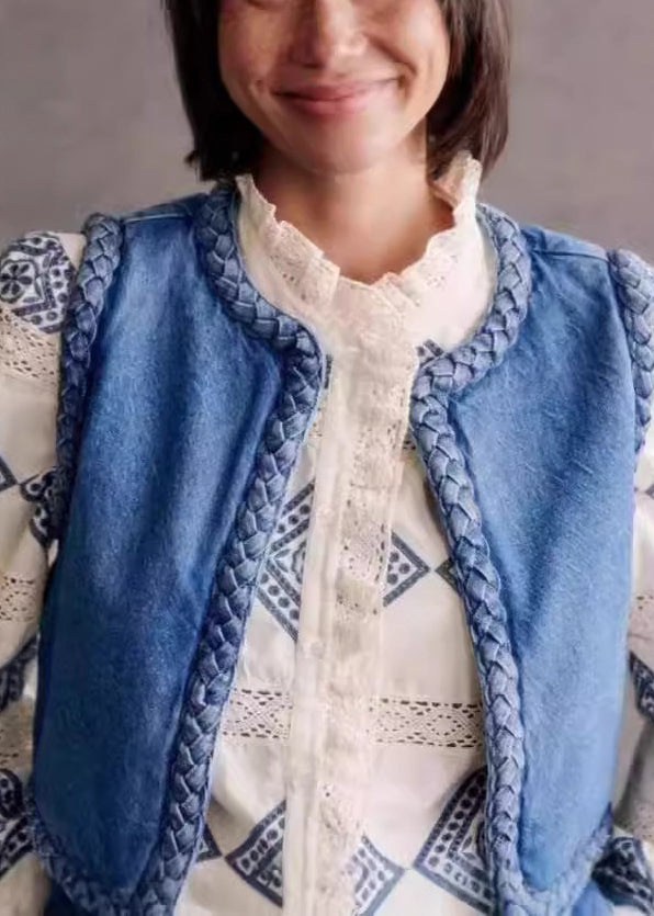 O Bohemian Cotton Filled Blue Fine Denim Vest Neck Sleeveless