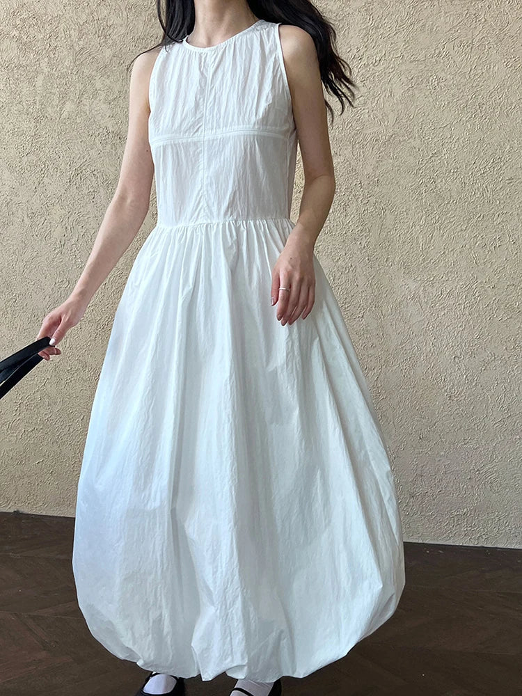 Patchwork O-neck Dress Simple Sleeveless Blue Puff Hem