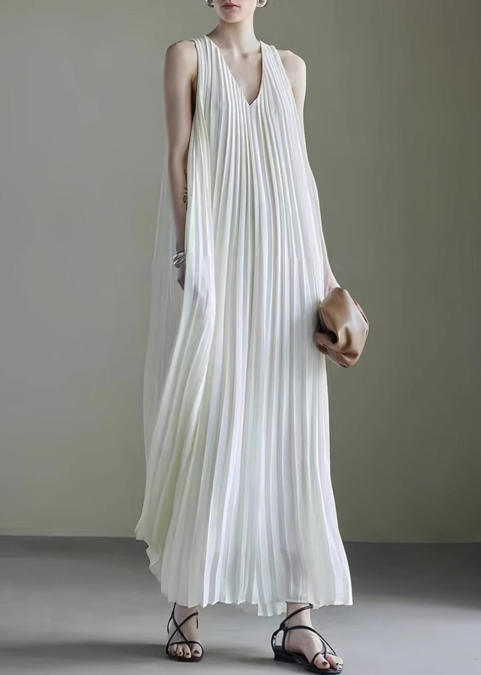 Wrinkled Long Dress Simple Neck V White Sleeveless Chiffon