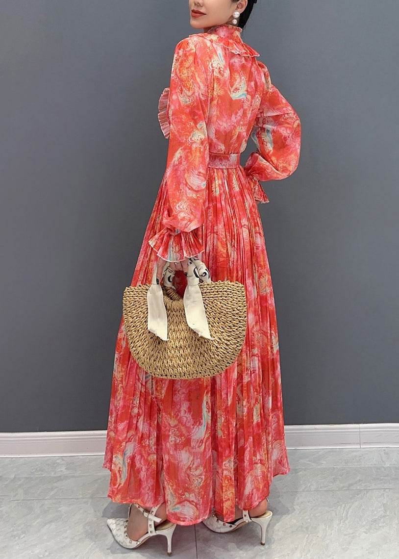 Collar Print Fashion Long Stand Chiffon Sashes Dress Red