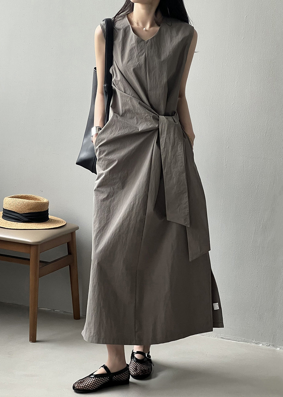 Pockets Grey V Cotton Long Sleeveless Design Dress Neck Original