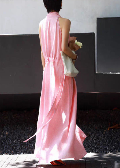 Waist Simple Tie Pockets Pink Sleeveless Dresses Linen Long