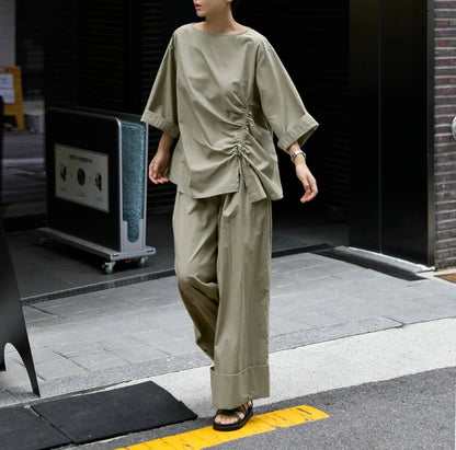 Casual Cotton Top Drawstring Sleeve Khaki Half Asymmetrical