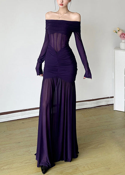 Slash Dresses Stylish Wrinkled Spring Neck Tulle Maxi Purple