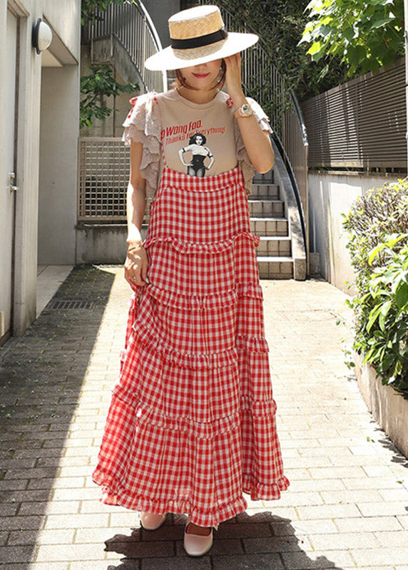 neck Plaid Sleeveless Button Stylish Dresses Layered Red Slash