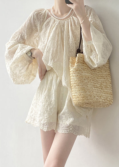 Spring Embroidered And Shorts Set Tops Two Piece Beige Art Cotton