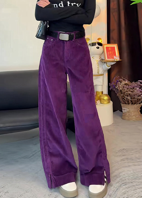Corduroy High Simple Waist Side Purple Straight Spring Pants Open