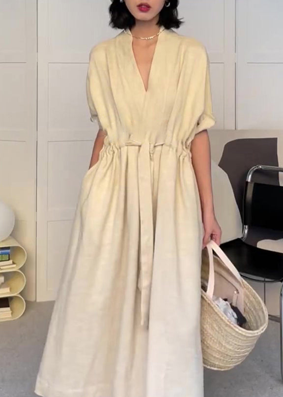 Modern Neck Cotton Beige Pockets V Drawstring Summer Dress