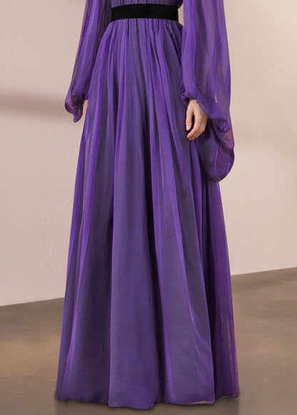 Stand Silk Wrinkled Italian Purple Long Dresses Lantern Collar