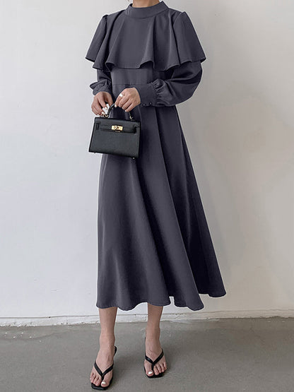 Ruffle Waist Long Mock Tied A-Line Elegant Trim Neck Coffee