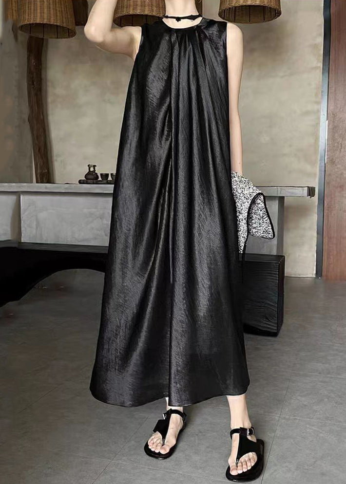 French Apricot O-Neck Solid Silk Long Dress Sleeveless EE036