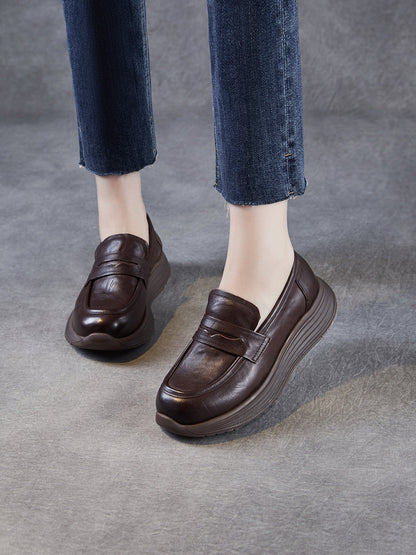 Platform Leather Shoes Women Genuine Vintage