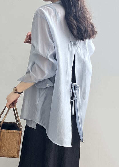 Open Up Pan Peter Spring Blouses Silk Lace Side Collar Blue