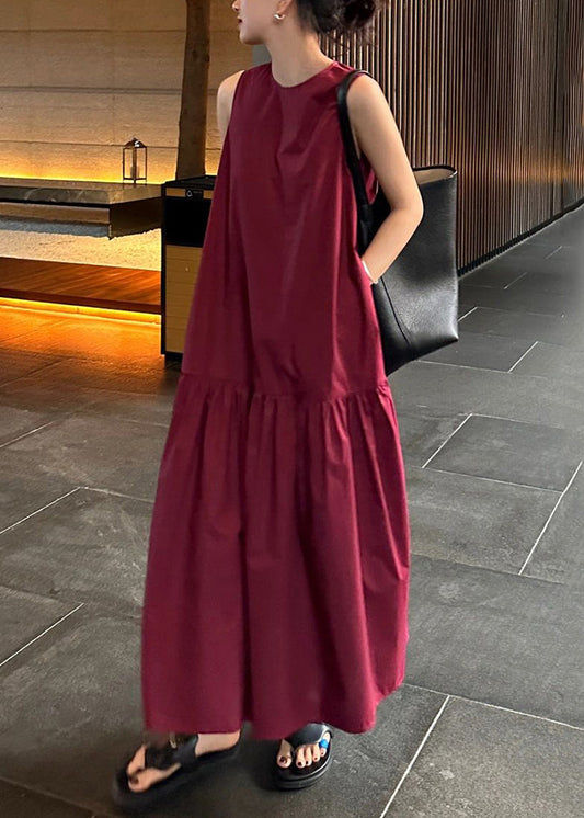 Wine Dresses Cotton Solid Pockets Long Red Wrinkled Simple