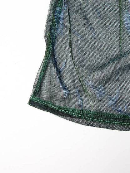 Denim Shiny Waisted Skirt A-Line Green Belted Chic High Tulle