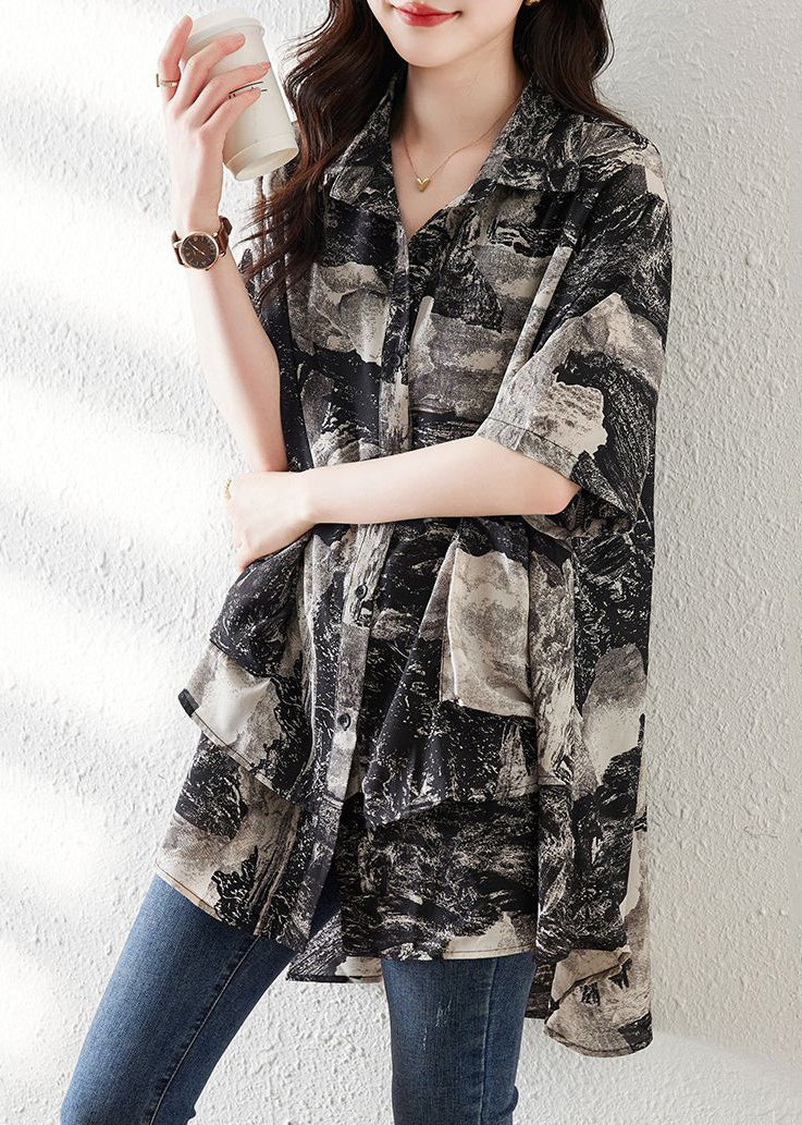 Loose Black Button Print Low High Design Cotton Shirt Summer NN045