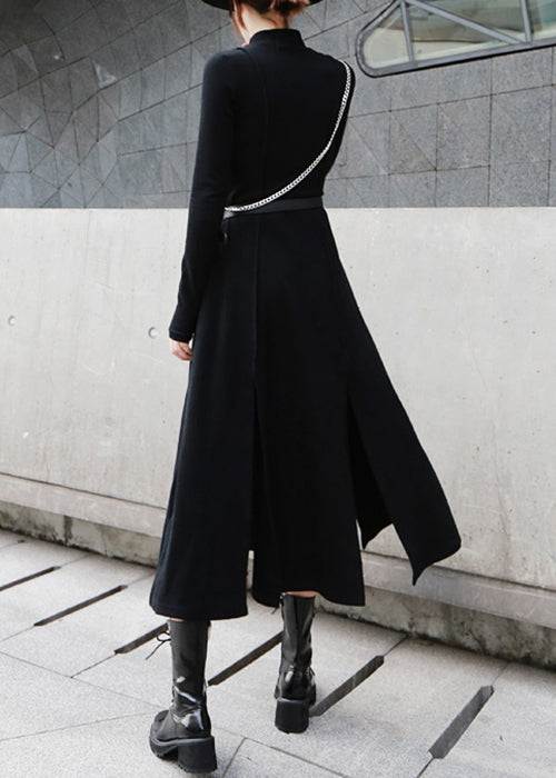 Cotton Open High Dresses Waist Spring Side Long Black