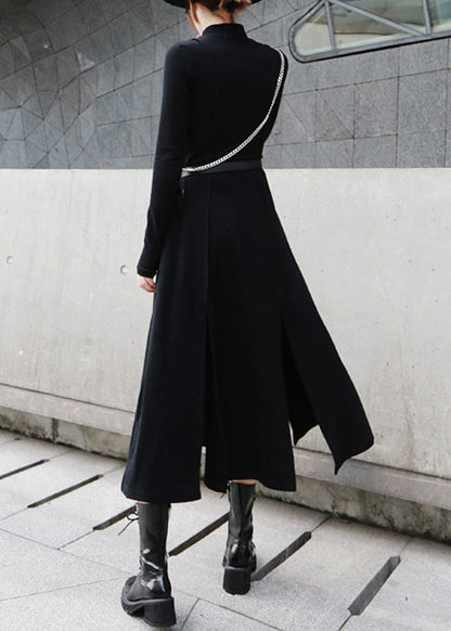 Cotton Open High Dresses Waist Spring Side Long Black