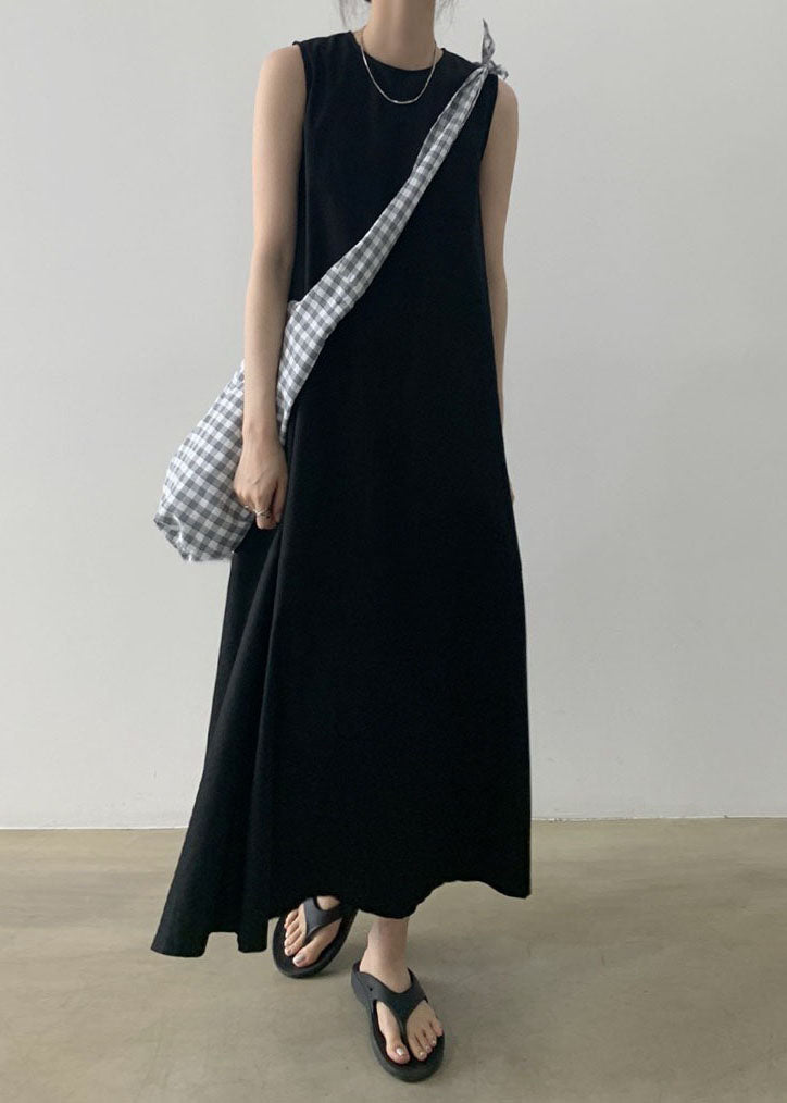 Black Sleeveless Robe O-Neck Cotton Dresses