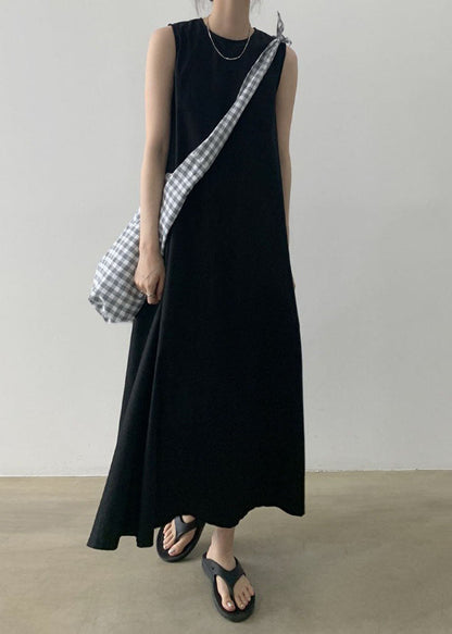 Black Sleeveless Robe O-Neck Cotton Dresses