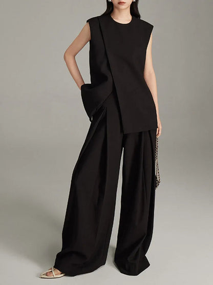 Modern Sleeveless Slit Tunic Top Hem O-neck Cream