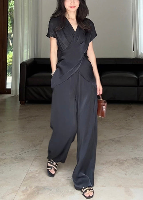 Loose Black Asymmetrical Wrinkled Silk Two Pieces Set Summer EE025