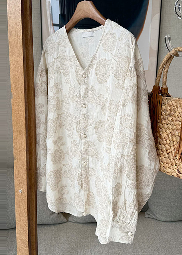 Neck Cotton Spring Apricot Button Jacquard V Casual Shirts