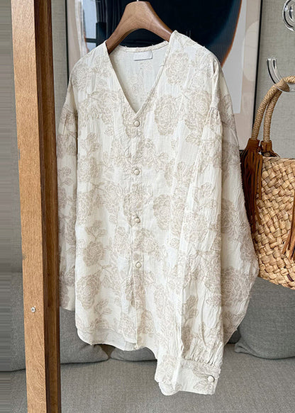 Neck Cotton Spring Apricot Button Jacquard V Casual Shirts