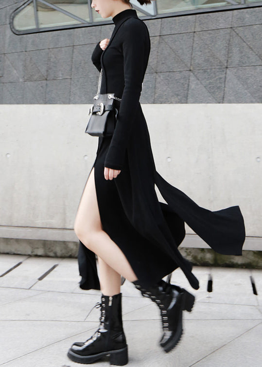 Cotton Open High Dresses Waist Spring Side Long Black