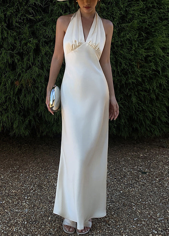Dresses V Solid Silk Neck Sleeveless Long Art Backless Beige