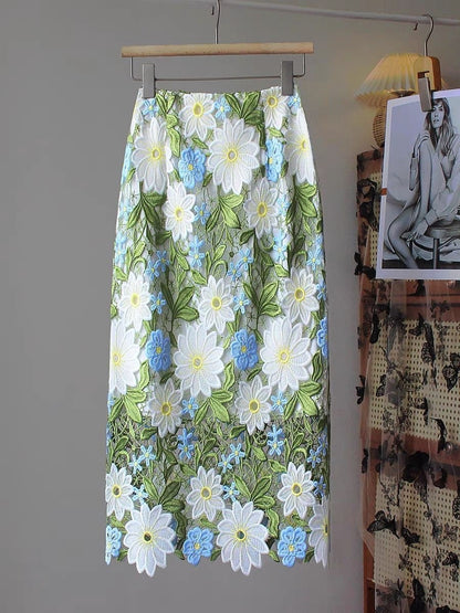 Straight Floral Green Elegant Skirt Embroidery