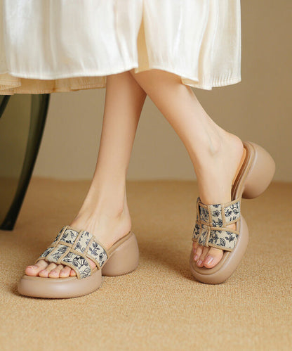 Slide Heel Chunky Cowhide Sandals Leather Apricot Splicing