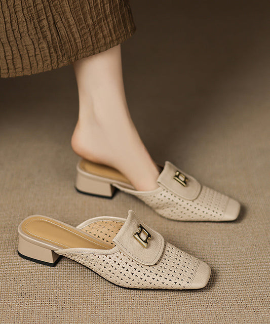 Sandals Slide Out Hollow Apricot Cowhide Splicing Leather