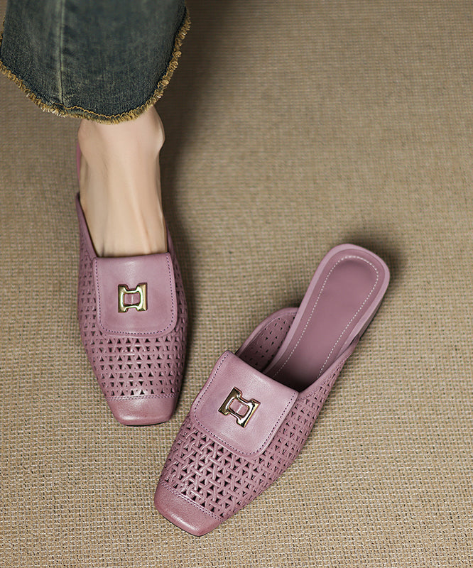 Sandals Slide Out Hollow Apricot Cowhide Splicing Leather