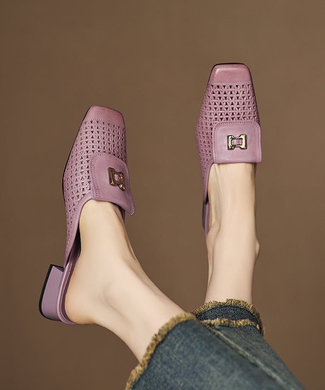 Sandals Slide Out Hollow Apricot Cowhide Splicing Leather