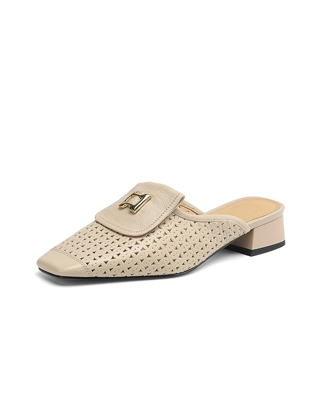 Sandals Slide Out Hollow Apricot Cowhide Splicing Leather