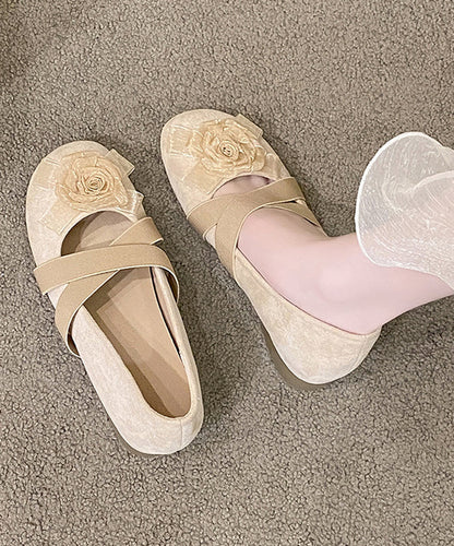 Flat Apricot Cross Feet Floral Splicing Suede Strap Shoes