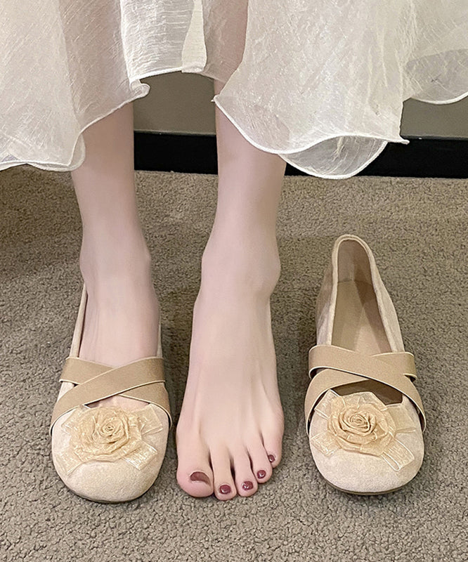 Flat Apricot Cross Feet Floral Splicing Suede Strap Shoes