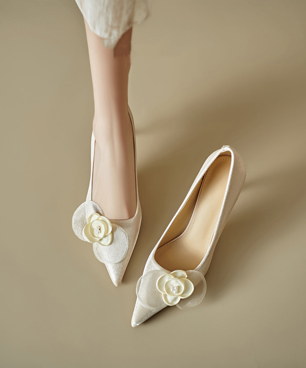 High Heels Stiletto Elegant Apricot Floral Splicing Toe Pointed