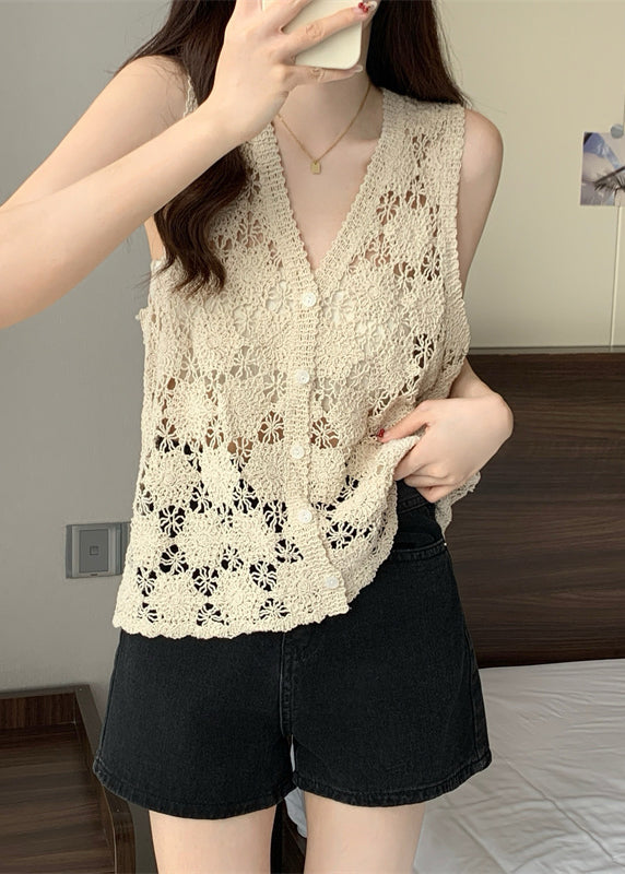 Hollow Vest Apricot Summer Out Solid Knit