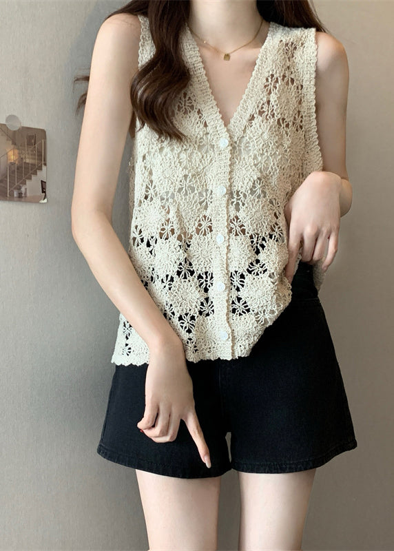 Hollow Vest Apricot Summer Out Solid Knit