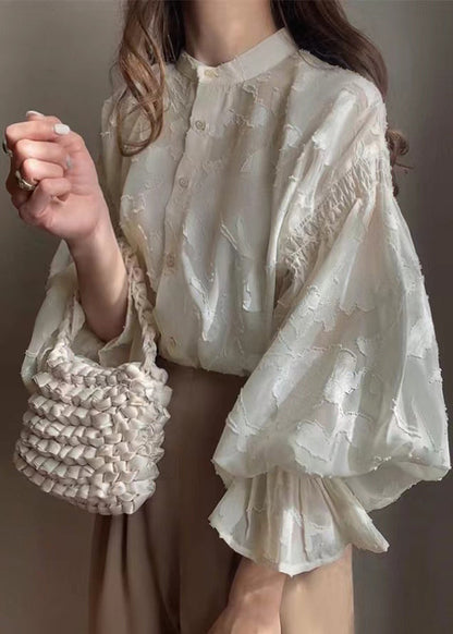 Chiffon Sheer Shirt Jacquard Lantern Apricot Sleeve