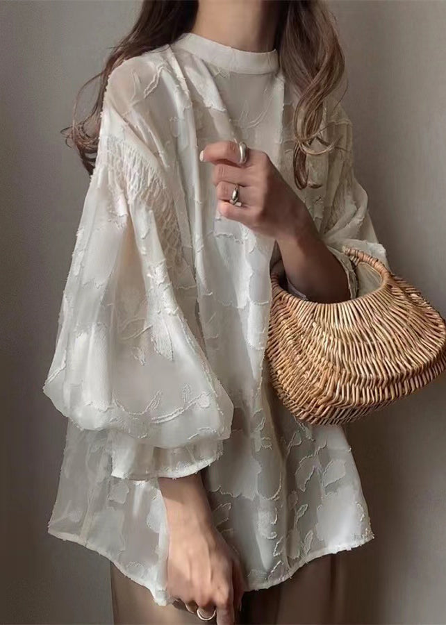 Chiffon Sheer Shirt Jacquard Lantern Apricot Sleeve