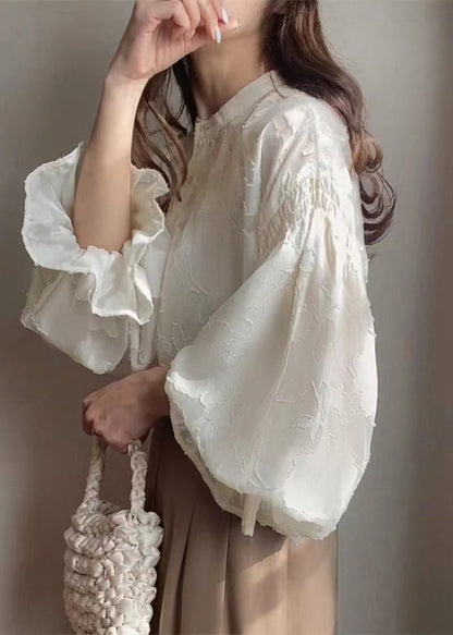 Chiffon Sheer Shirt Jacquard Lantern Apricot Sleeve