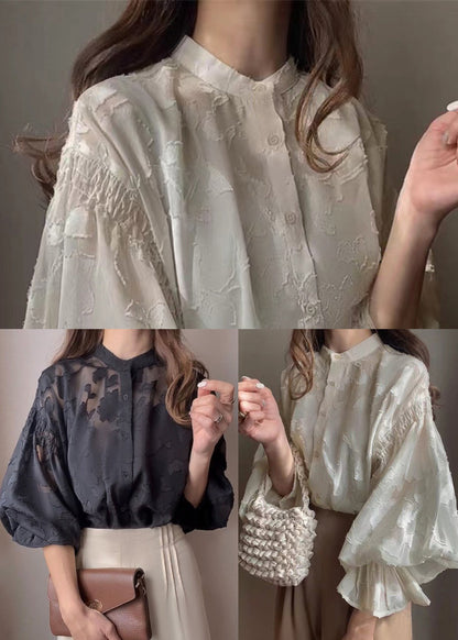 Chiffon Sheer Shirt Jacquard Lantern Apricot Sleeve