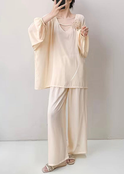 Oversized Fall Two Pajamas Apricot Cotton Set Pieces Solid V Neck