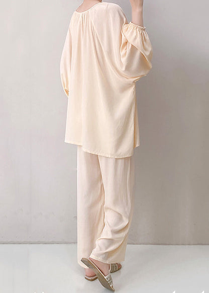 Oversized Fall Two Pajamas Apricot Cotton Set Pieces Solid V Neck