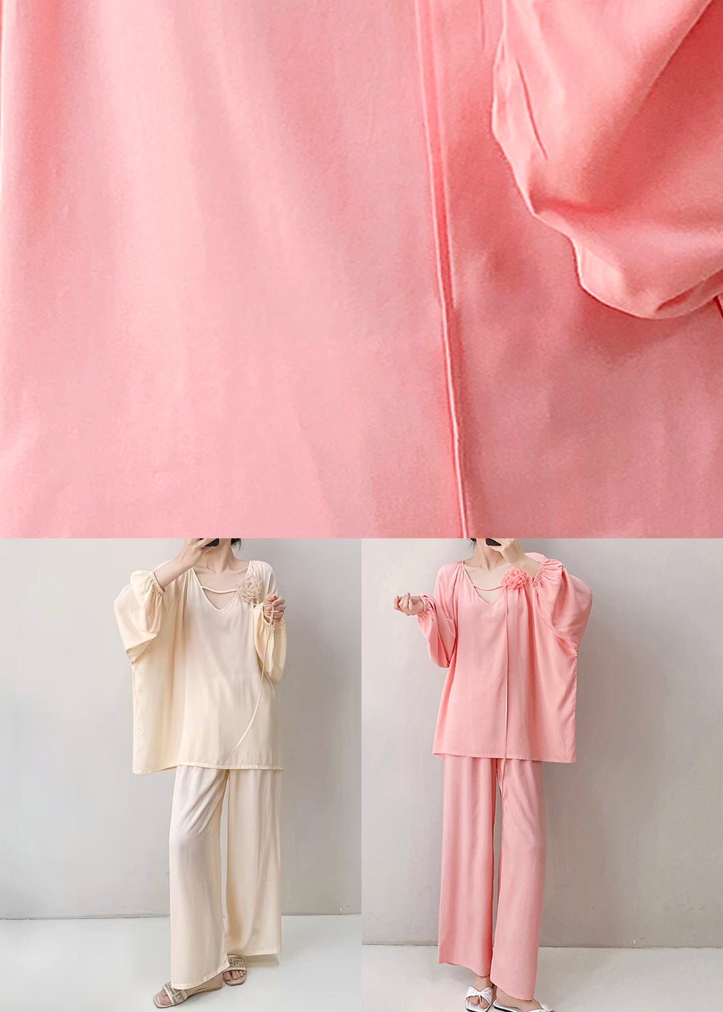 Oversized Fall Two Pajamas Apricot Cotton Set Pieces Solid V Neck